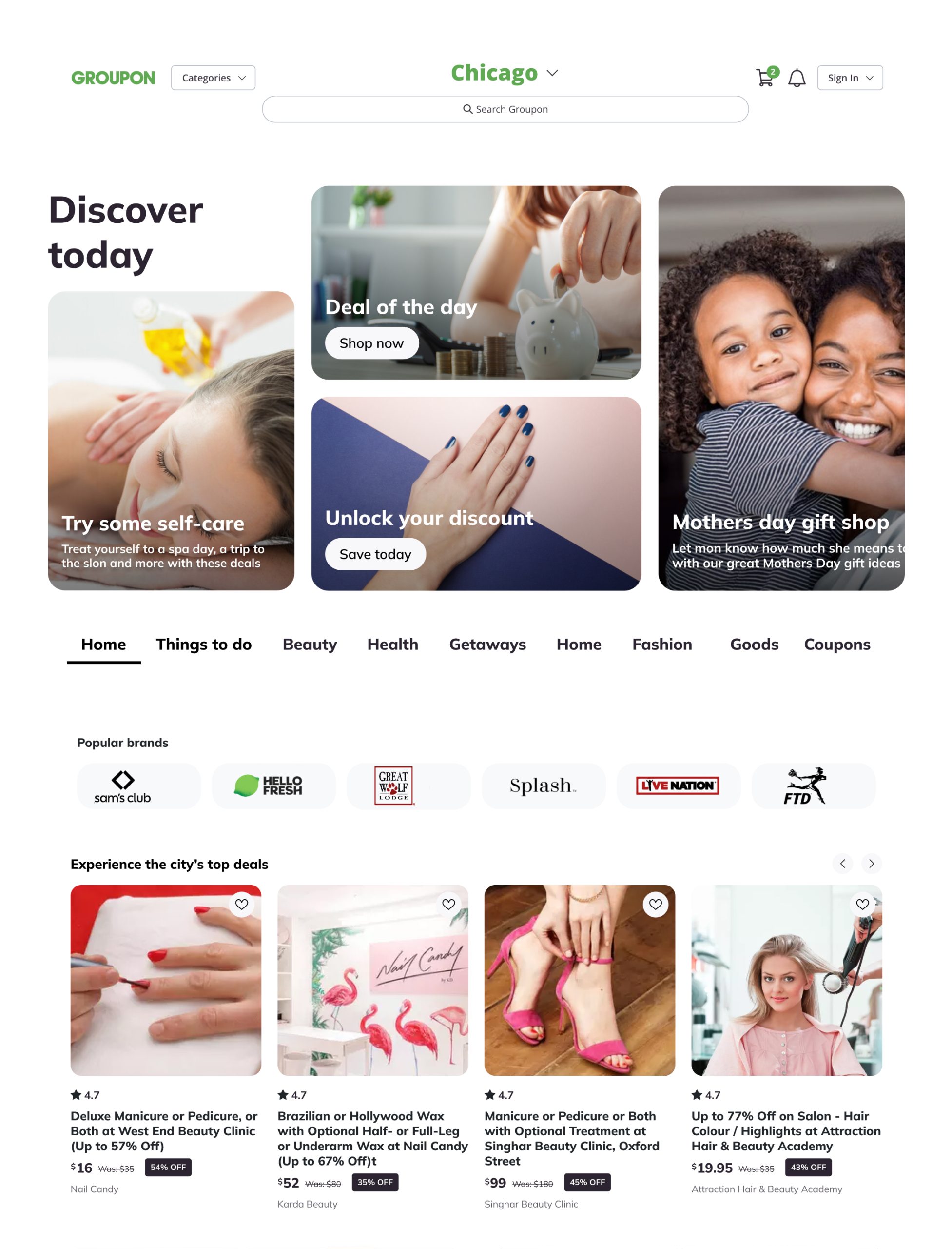 Redesigned Groupon homepage with the Discover today feed and deal categories